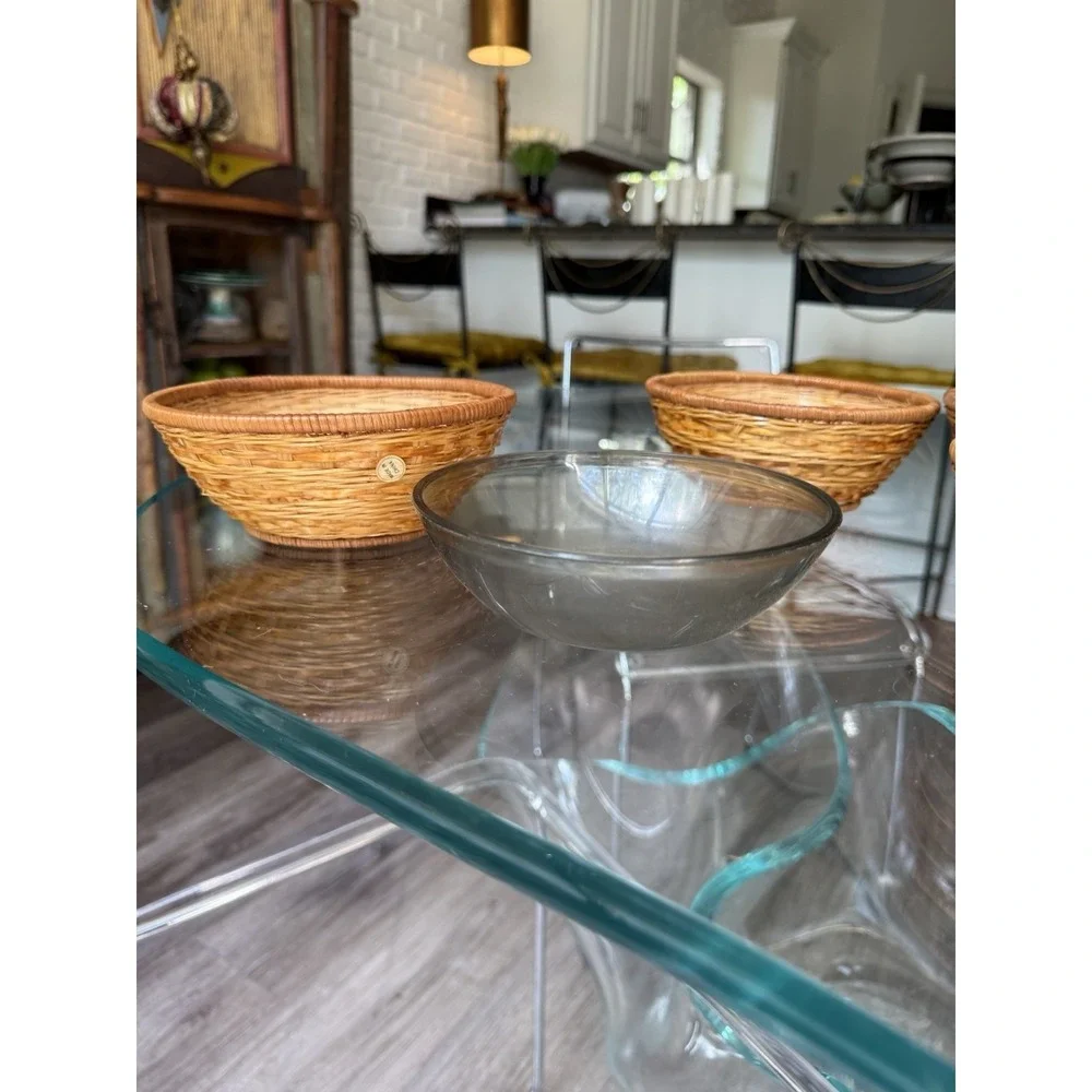 Set of 4 Vintage Rattan Wicker Snack Salad Bowls with Plastic Inserts Tiki Boho
